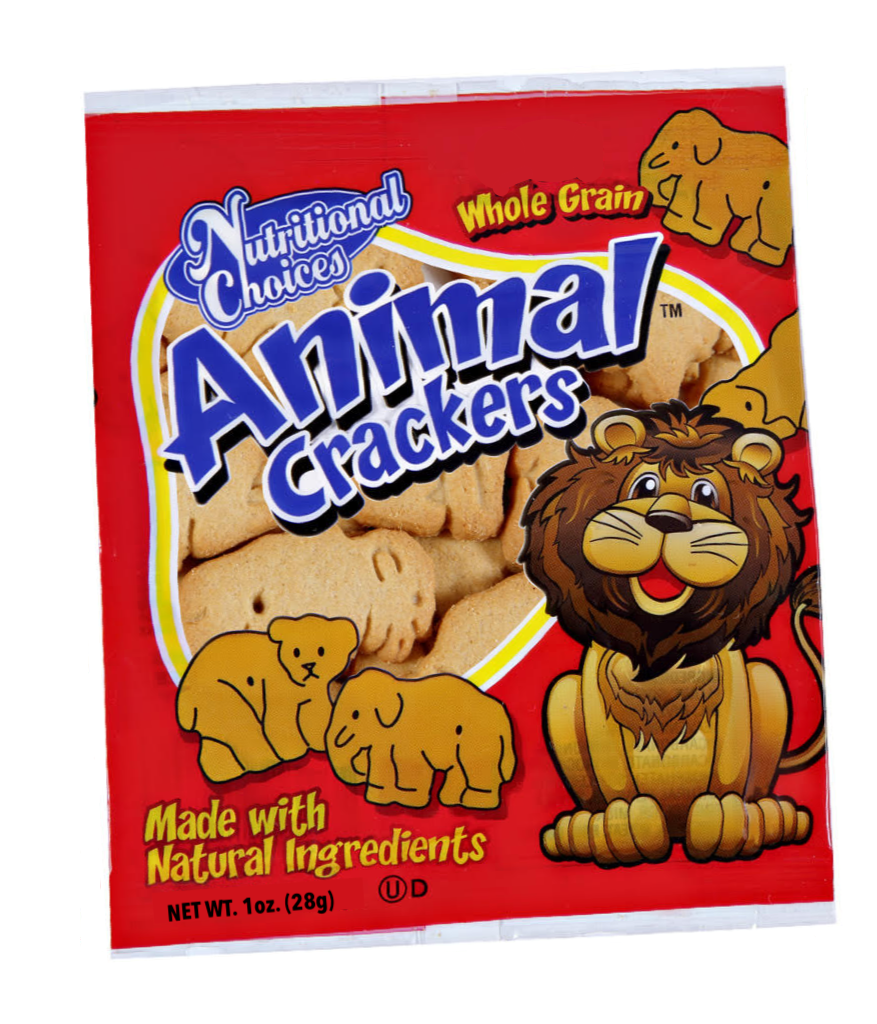 A red bag of animal crackers with a lion on the front