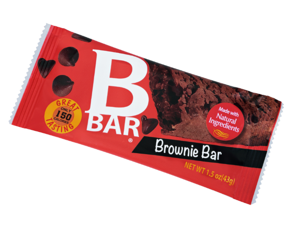 A Bbar brownie bar in a red wrapper with chocolate chips